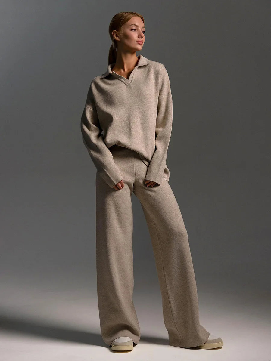 Cross-border Knitted Casual Loose Suit European American Autumn Sweater Suit Mandarin Collar Pullover Wide Leg Pants Two-piece