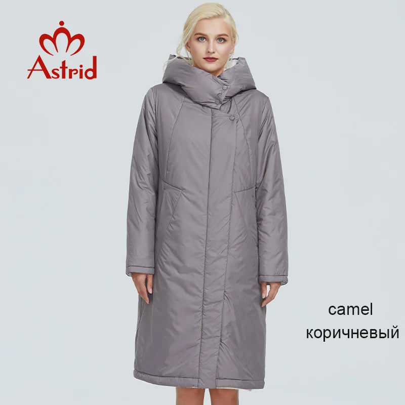 2022 Astrid winter jacket women Contrast color long thick cotton clothing with cap and zipper warm coat women parka AT-6703