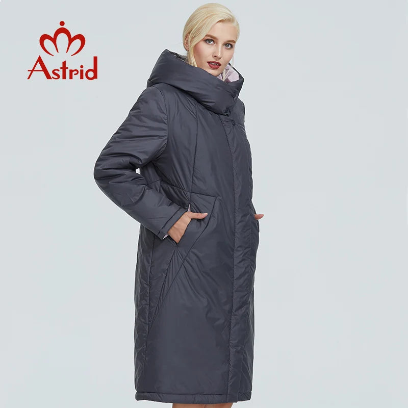 2022 Astrid winter jacket women Contrast color long thick cotton clothing with cap and zipper warm coat women parka AT-6703