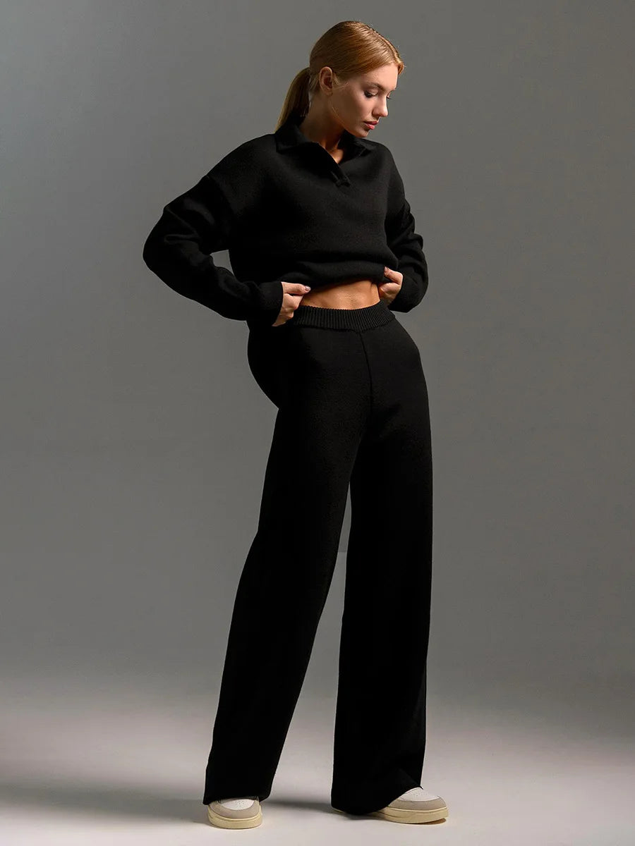 Cross-border Knitted Casual Loose Suit European American Autumn Sweater Suit Mandarin Collar Pullover Wide Leg Pants Two-piece