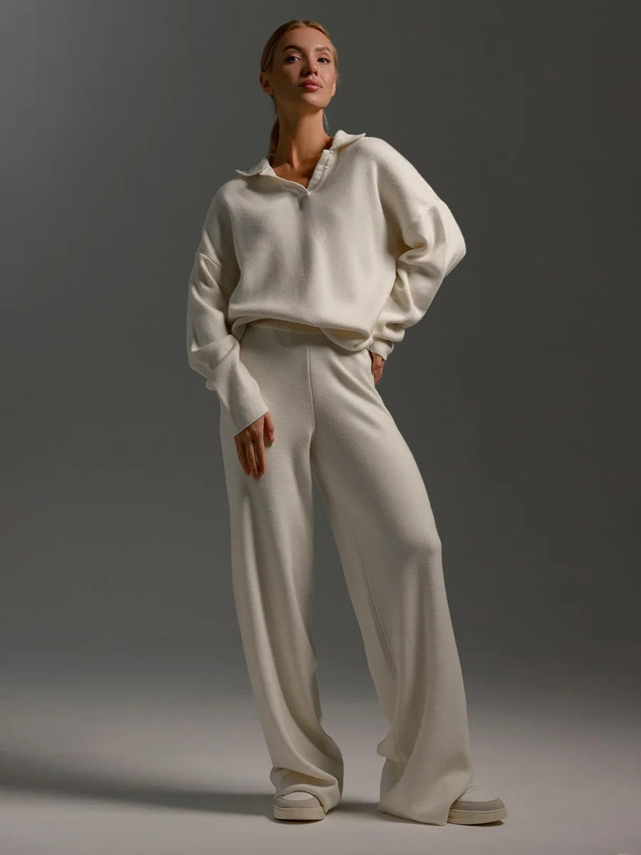 Cross-border Knitted Casual Loose Suit European American Autumn Sweater Suit Mandarin Collar Pullover Wide Leg Pants Two-piece