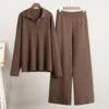 Cross-border Knitted Casual Loose Suit European American Autumn Sweater Suit Mandarin Collar Pullover Wide Leg Pants Two-piece