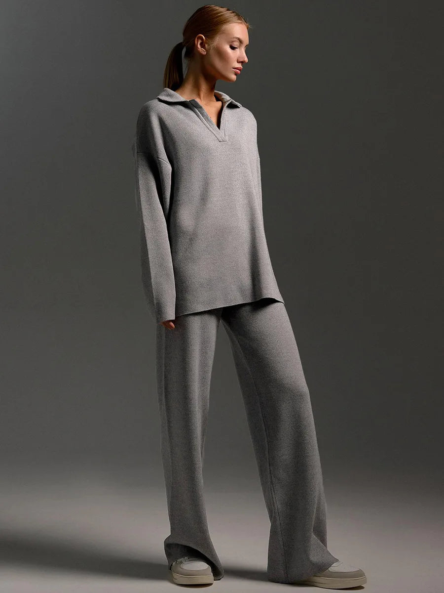 Cross-border Knitted Casual Loose Suit European American Autumn Sweater Suit Mandarin Collar Pullover Wide Leg Pants Two-piece