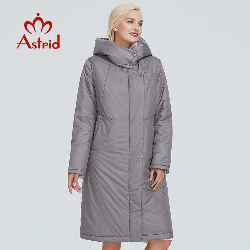 2022 Astrid winter jacket women Contrast color long thick cotton clothing with cap and zipper warm coat women parka AT-6703