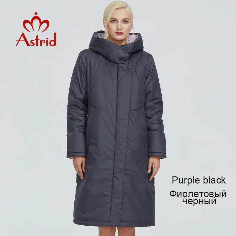 2022 Astrid winter jacket women Contrast color long thick cotton clothing with cap and zipper warm coat women parka AT-6703
