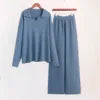 Cross-border Knitted Casual Loose Suit European American Autumn Sweater Suit Mandarin Collar Pullover Wide Leg Pants Two-piece