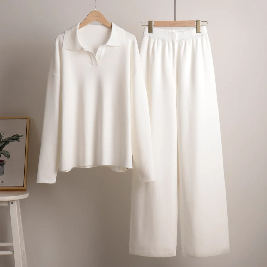 Cross-border Knitted Casual Loose Suit European American Autumn Sweater Suit Mandarin Collar Pullover Wide Leg Pants Two-piece