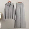 Cross-border Knitted Casual Loose Suit European American Autumn Sweater Suit Mandarin Collar Pullover Wide Leg Pants Two-piece