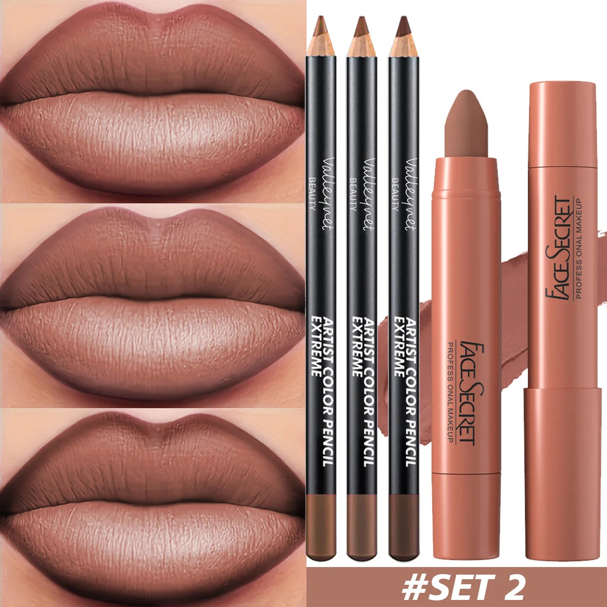 4Pcs/Set Ultra-Fine Wood Lipliner + Lipstick,Matte Velvet Lipstick - Long Lasting Waterproof Lip Combo Lip Makeup Set