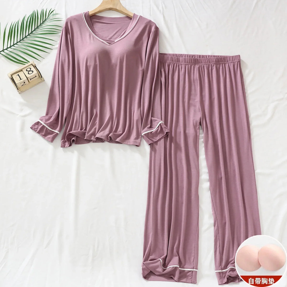 Plus Size Spring Pajamas Set Women's Long-sleeved Chest Pads T-Shirt Trousers Two-piece Suit Outerwear Loose Loungewear Homewear
