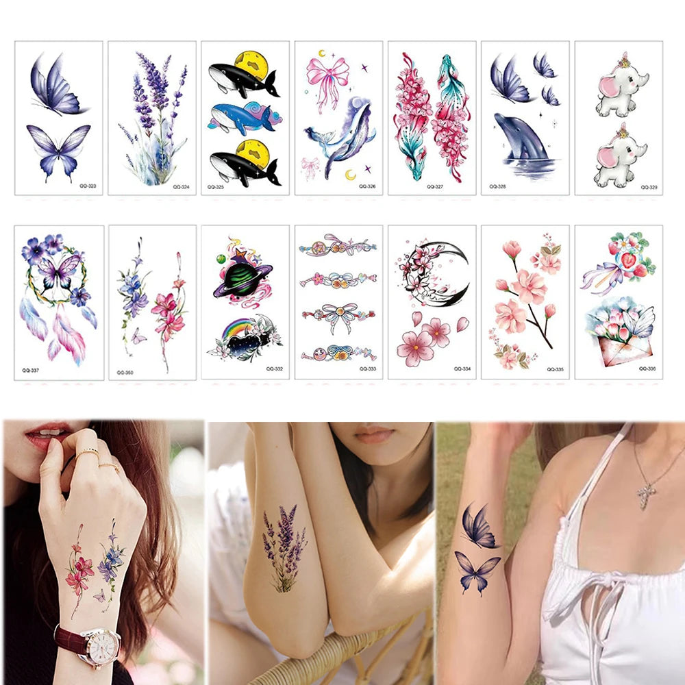 Small Waterproof Temporary Tattoo Sticker Colorful Leaf Flower Elephant Dolphin Art Wrist Neck Women Fake Mini Tatoo