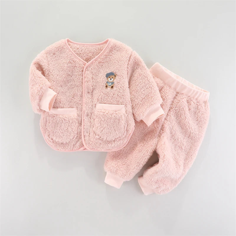 Children Flannel Set Autumn and Winter Baby Girl Clothes Fashion Toddler Outerwear Soft Infant Clothing Warm Baby Boys Suit 1-3Y