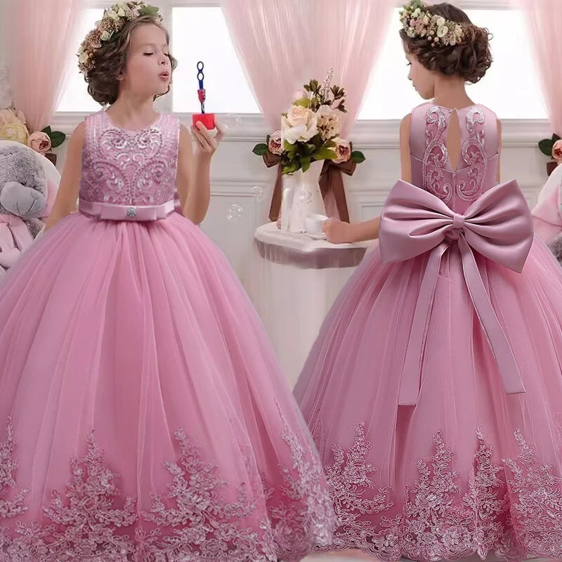 4-12 Years Old Gorgeous Girl Dress Sheer Elegant Girl Birthday Party Princess Dress Long Carnival Evening Dress Summer Clothing