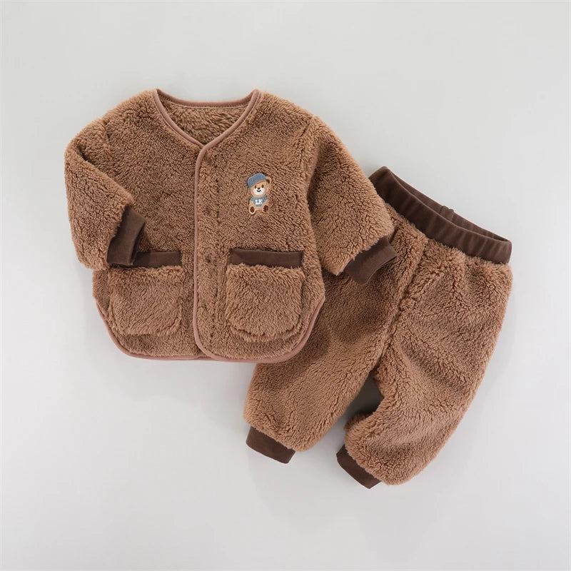 Children Flannel Set Autumn and Winter Baby Girl Clothes Fashion Toddler Outerwear Soft Infant Clothing Warm Baby Boys Suit 1-3Y