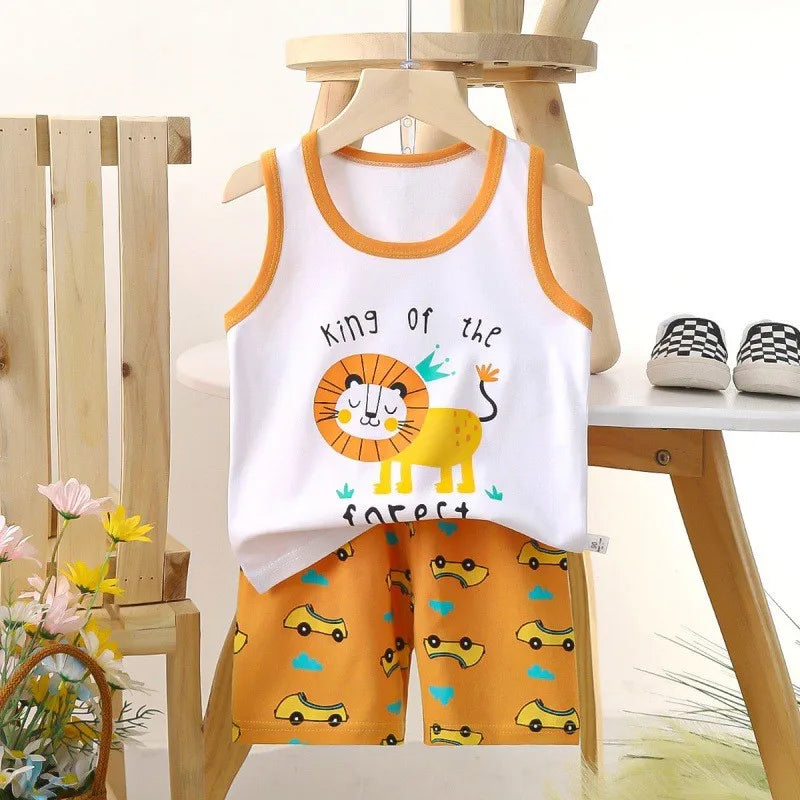 Cartoon Dinosaur Vest+Shorts 2-Piece Clothing Set Pajamas Summer Kids Baby Boys Girls Cotton Casual Tracksuit Clothes Suit 1-6 Y