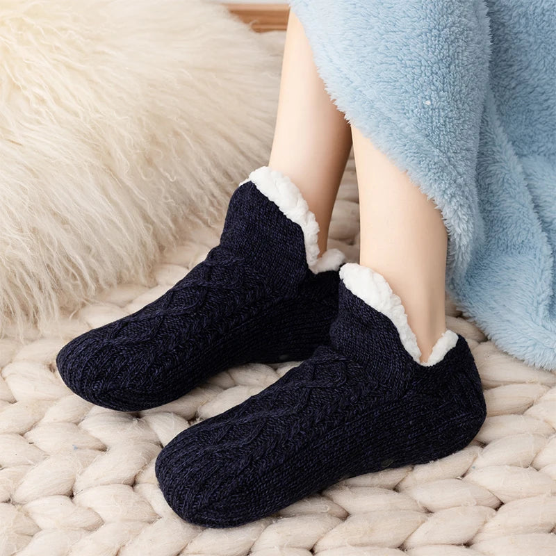 1 Pair Men Socks Women Socks Winter Plus Fleece Thickened Home Floor Socks Warm Indoor Glue Socks Solid Color Floor Socks