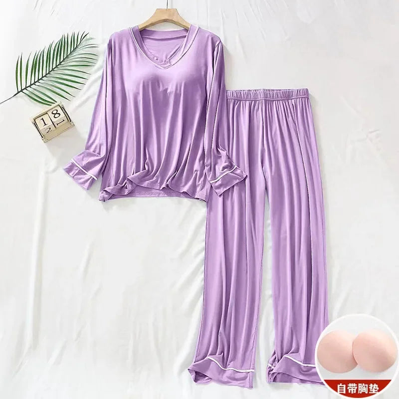 Plus Size Spring Pajamas Set Women's Long-sleeved Chest Pads T-Shirt Trousers Two-piece Suit Outerwear Loose Loungewear Homewear