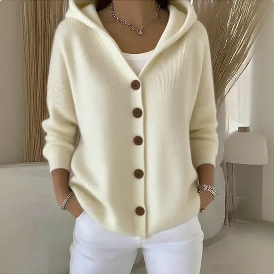 Solid Color Button Knit Hooded Sweater Cardigan Jacket For Autumn Winter New Casual Fashionable Women's Clothing Pulls Femmes