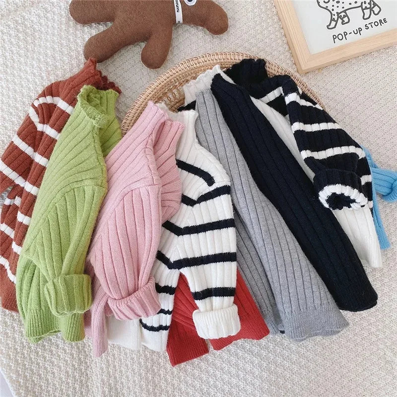 Autumn Winter Kids Sweaters Warm Stripe Solid Color Knit Pullovers Fashion Baby Knitwear Clothing