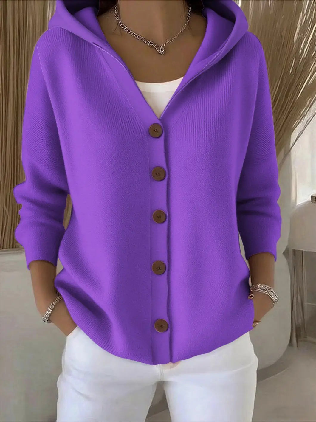 Solid Color Button Knit Hooded Sweater Cardigan Jacket For Autumn Winter New Casual Fashionable Women's Clothing Pulls Femmes