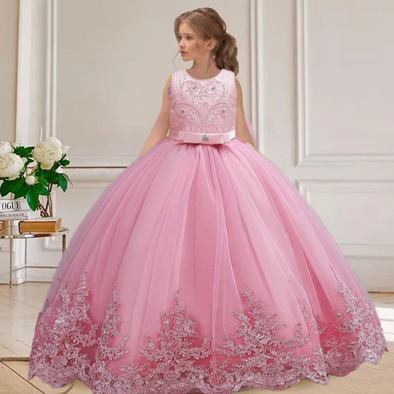 4-12 Years Old Gorgeous Girl Dress Sheer Elegant Girl Birthday Party Princess Dress Long Carnival Evening Dress Summer Clothing