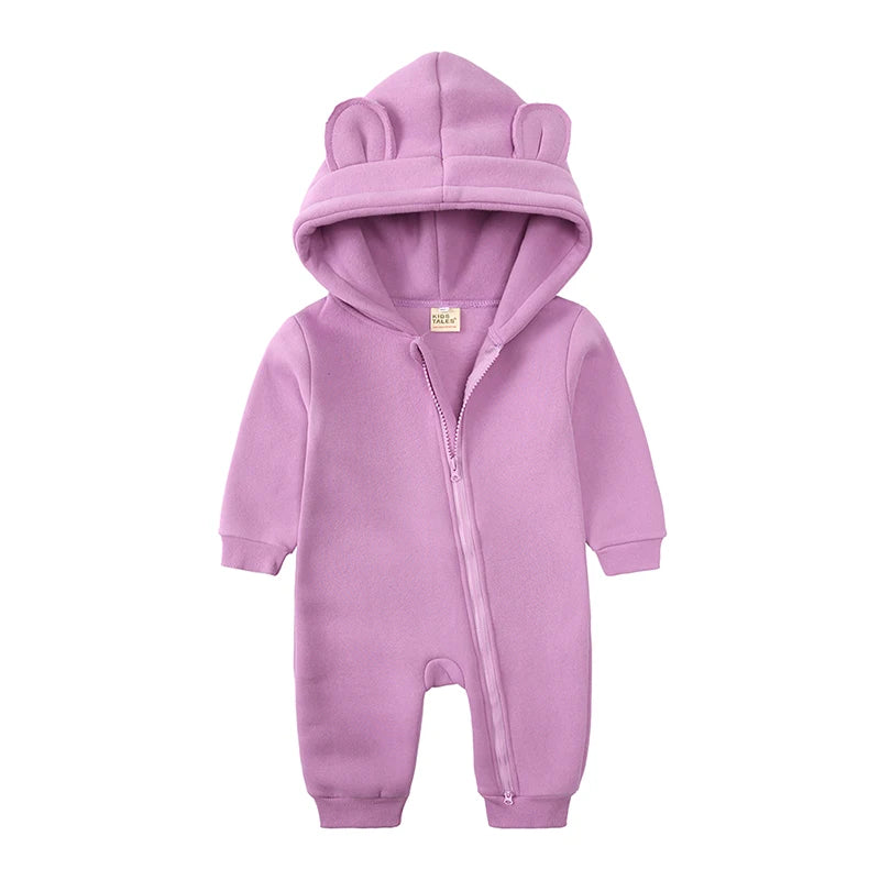 Winter Baby Boy Girl Clothing Cute Bear Ear Fleece Hooded Jumpsuit Knitted Zipper Cotton Rompers New Born Baby Clothes