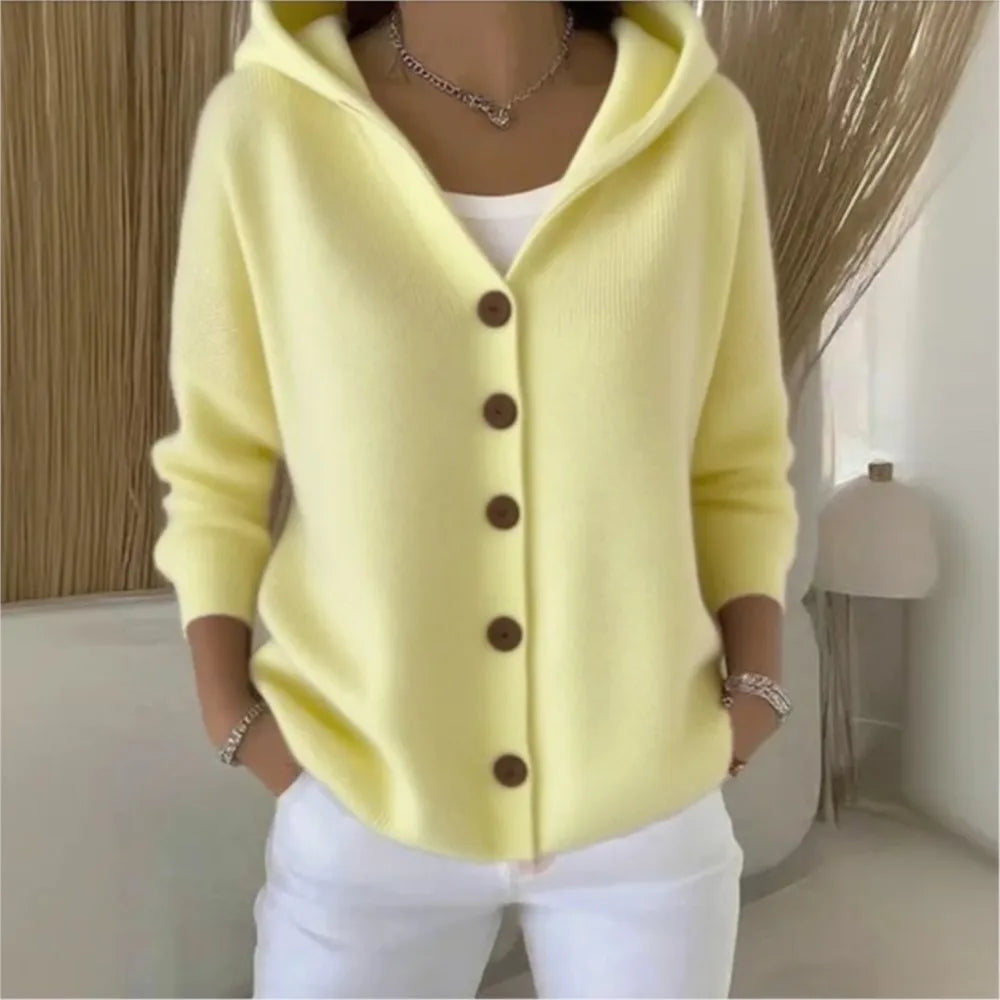 Solid Color Button Knit Hooded Sweater Cardigan Jacket For Autumn Winter New Casual Fashionable Women's Clothing Pulls Femmes