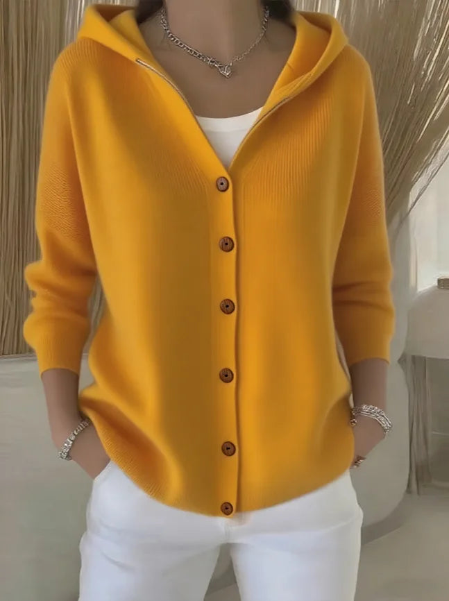 Solid Color Button Knit Hooded Sweater Cardigan Jacket For Autumn Winter New Casual Fashionable Women's Clothing Pulls Femmes