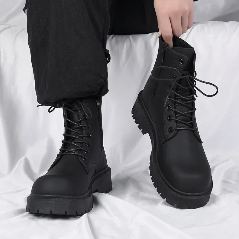 2025 hot sale Spring New Fashion Casual Simple Black British Style Men's Boots High Top Waterproof Casual Leather Boots