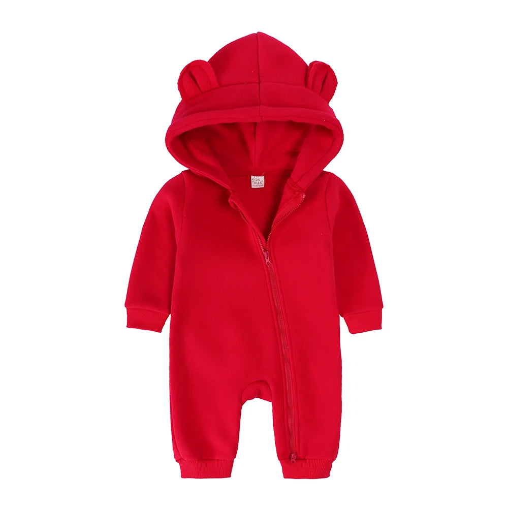 Winter Baby Boy Girl Clothing Cute Bear Ear Fleece Hooded Jumpsuit Knitted Zipper Cotton Rompers New Born Baby Clothes