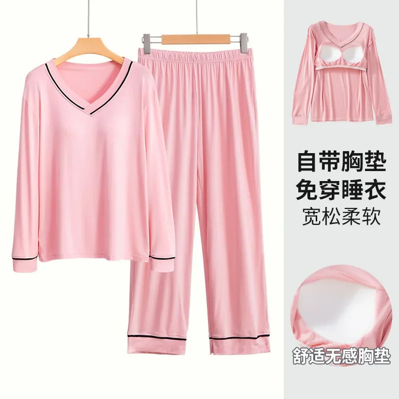 Plus Size Spring Pajamas Set Women's Long-sleeved Chest Pads T-Shirt Trousers Two-piece Suit Outerwear Loose Loungewear Homewear