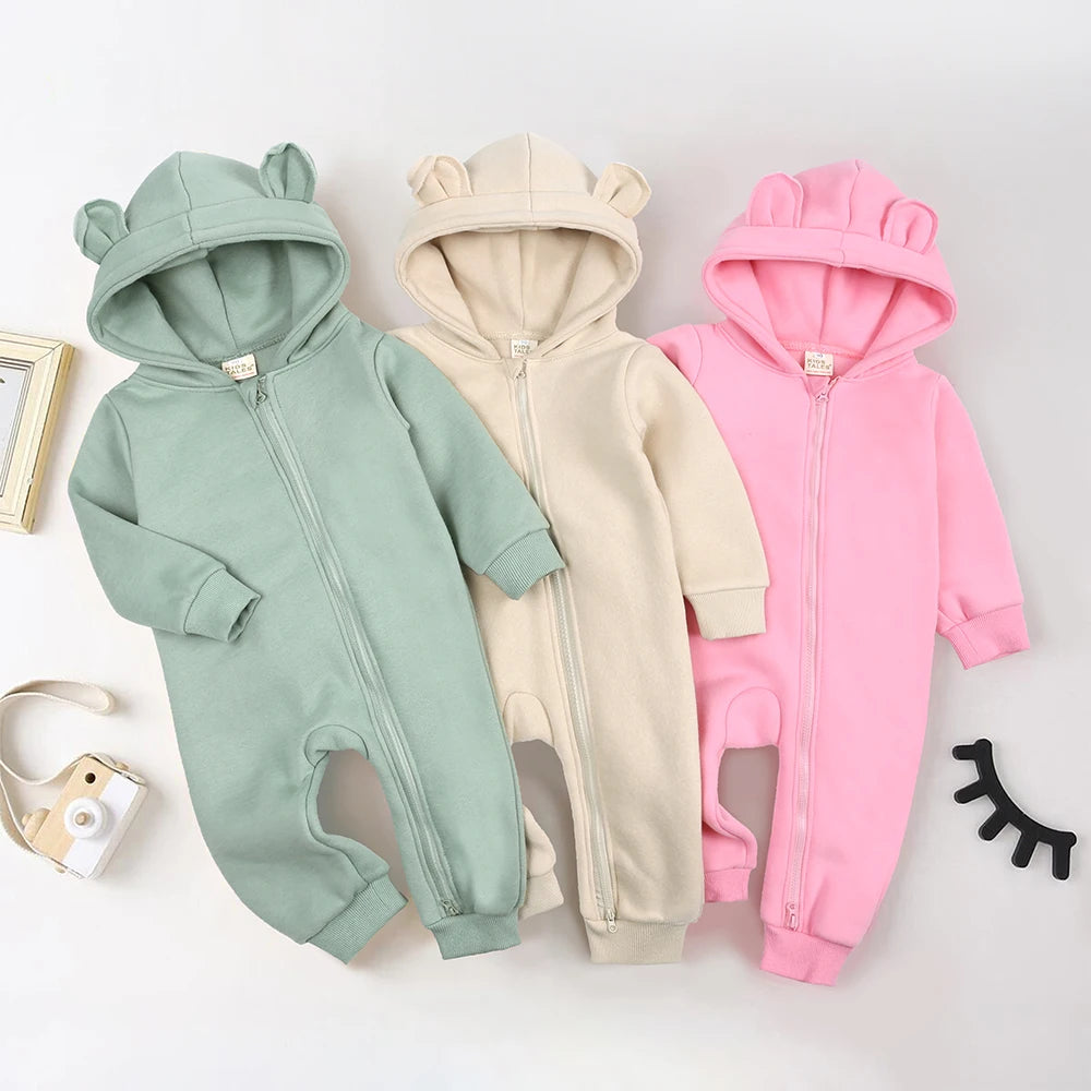 0-24M Cute Newborn Baby Romper Winter Thicken Fleece Warm Clothes Infant Hooded Bear Onesie Toddler Boy Girl Jumpsuits Pajamas