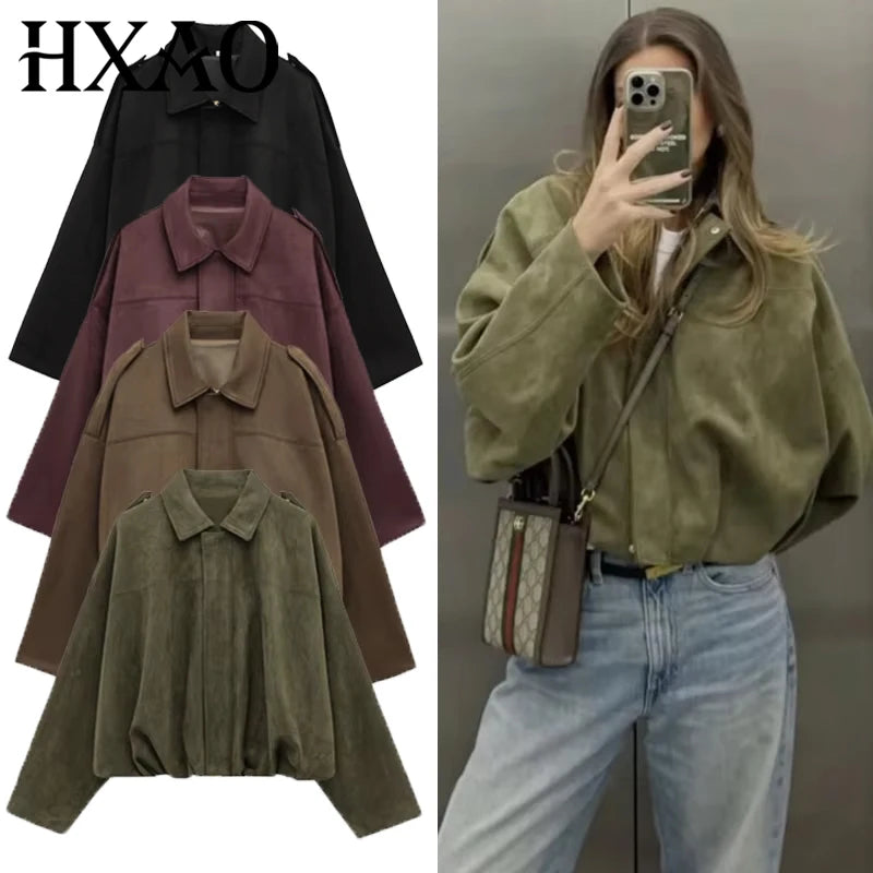 HXAO Women's Bomber Jacket Lapel Long Sleeve Zipper Suede Jacket Women 2025 High Street Cropped Racing Jackets Coats Outerwears