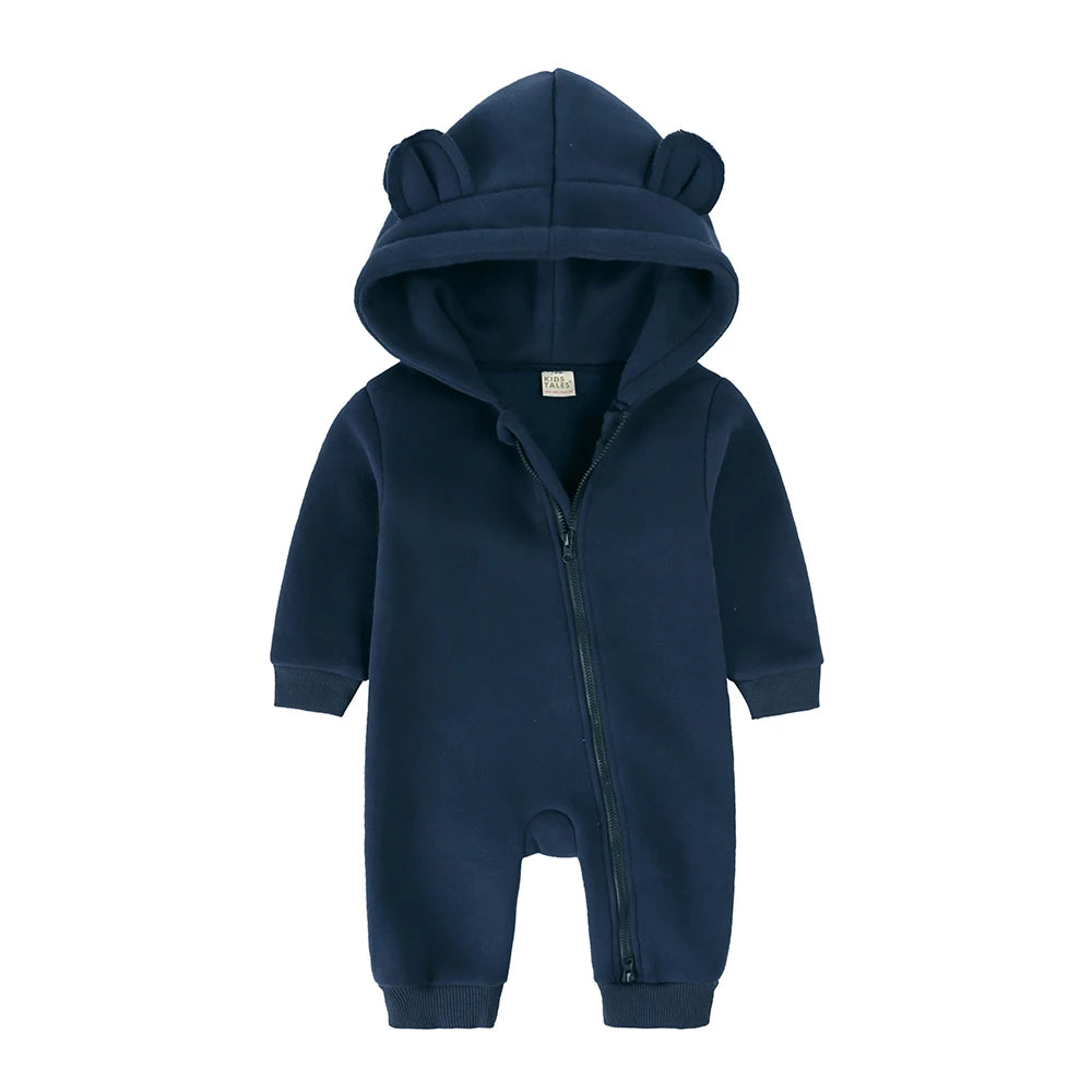 Winter Baby Boy Girl Clothing Cute Bear Ear Fleece Hooded Jumpsuit Knitted Zipper Cotton Rompers New Born Baby Clothes