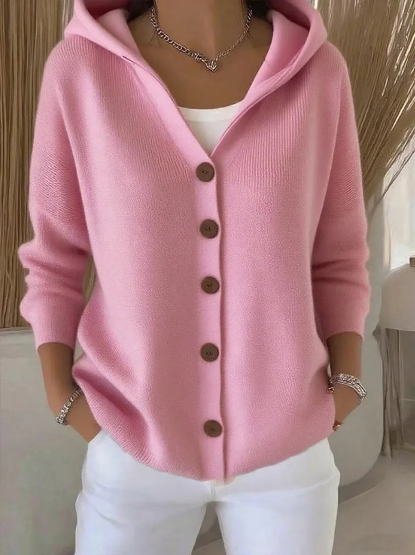 Solid Color Button Knit Hooded Sweater Cardigan Jacket For Autumn Winter New Casual Fashionable Women's Clothing Pulls Femmes