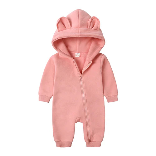 Winter Baby Boy Girl Clothing Cute Bear Ear Fleece Hooded Jumpsuit Knitted Zipper Cotton Rompers New Born Baby Clothes