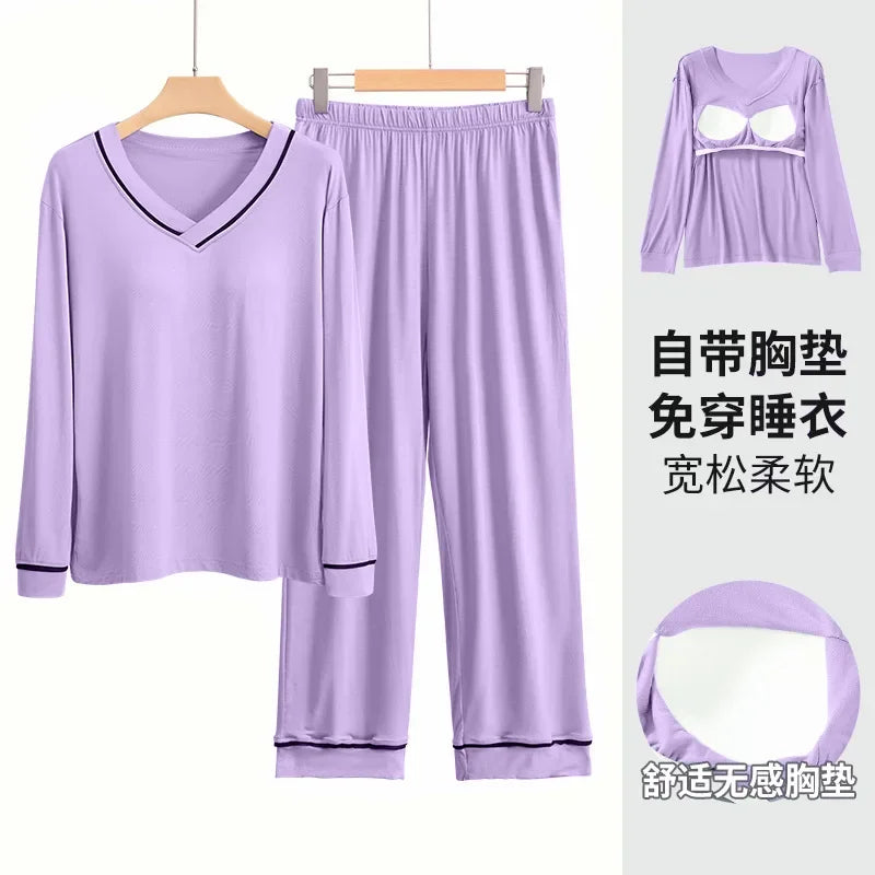 Plus Size Spring Pajamas Set Women's Long-sleeved Chest Pads T-Shirt Trousers Two-piece Suit Outerwear Loose Loungewear Homewear
