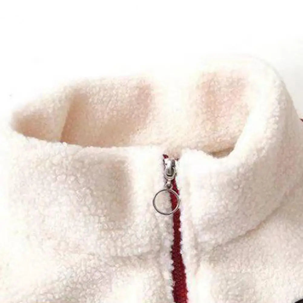 Winter Women Coat Thick Plush Stand Collar Zipper Closure Velvet Jacket Colorblock Long Sleeves Pockets Cardigan Outerwear