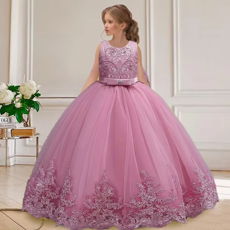 4-12 Years Old Gorgeous Girl Dress Sheer Elegant Girl Birthday Party Princess Dress Long Carnival Evening Dress Summer Clothing