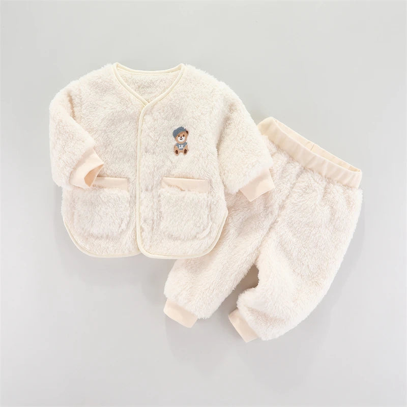 Children Flannel Set Autumn and Winter Baby Girl Clothes Fashion Toddler Outerwear Soft Infant Clothing Warm Baby Boys Suit 1-3Y
