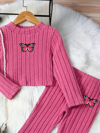 Girls' Autumn Casual Outfit: Girls' Round-Neck Long-Sleeve Top + Flared Long Pants Two-Piece Set, Children's Rose Red Butterfly Decoration Set, Suitable for Girls Aged 3-10, Versatile Clothing for Home and Outings