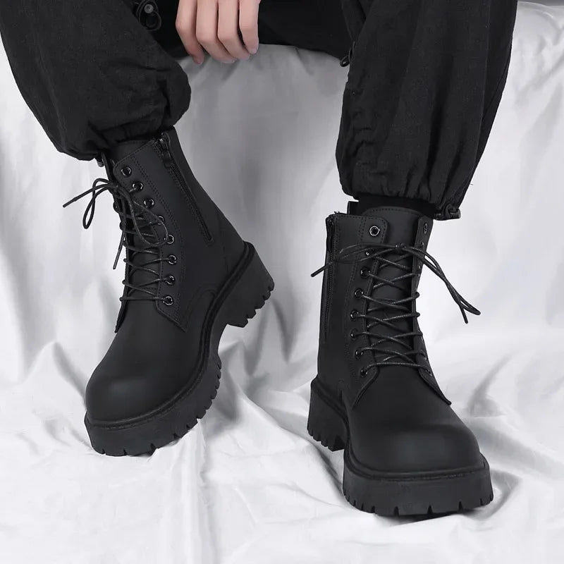 2025 hot sale Spring New Fashion Casual Simple Black British Style Men's Boots High Top Waterproof Casual Leather Boots