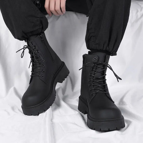 2025 hot sale Spring New Fashion Casual Simple Black British Style Men's Boots High Top Waterproof Casual Leather Boots