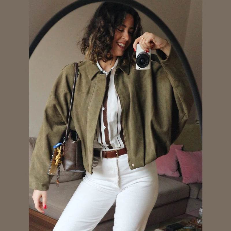 HXAO Women's Bomber Jacket Lapel Long Sleeve Zipper Suede Jacket Women 2025 High Street Cropped Racing Jackets Coats Outerwears