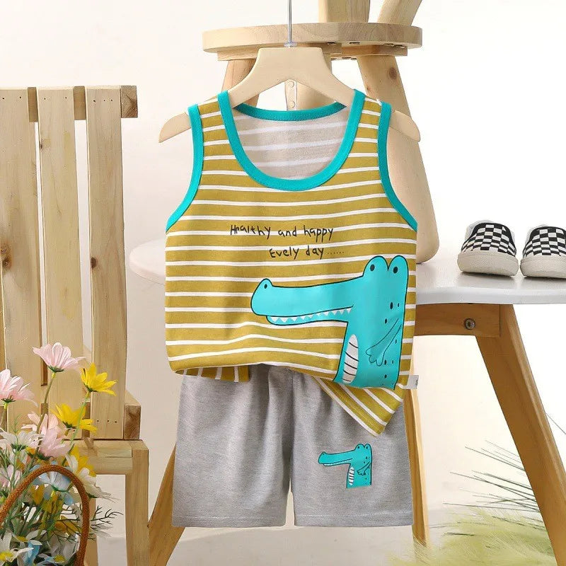 Cartoon Dinosaur Vest+Shorts 2-Piece Clothing Set Pajamas Summer Kids Baby Boys Girls Cotton Casual Tracksuit Clothes Suit 1-6 Y