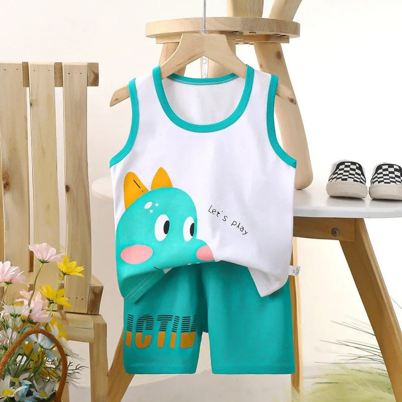 Cartoon Dinosaur Vest+Shorts 2-Piece Clothing Set Pajamas Summer Kids Baby Boys Girls Cotton Casual Tracksuit Clothes Suit 1-6 Y