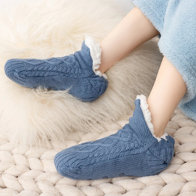 1 Pair Men Socks Women Socks Winter Plus Fleece Thickened Home Floor Socks Warm Indoor Glue Socks Solid Color Floor Socks