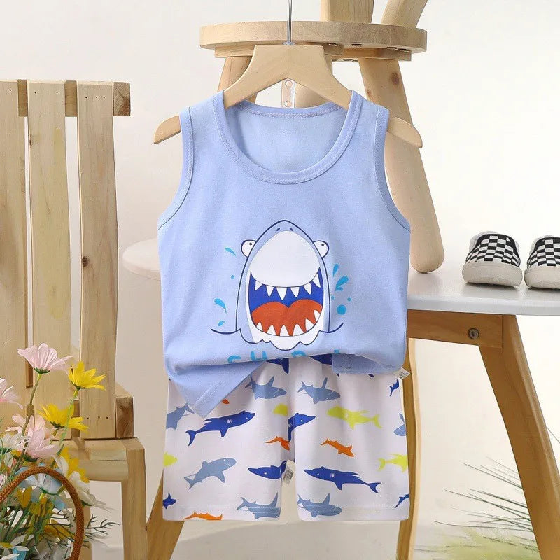 Cartoon Dinosaur Vest+Shorts 2-Piece Clothing Set Pajamas Summer Kids Baby Boys Girls Cotton Casual Tracksuit Clothes Suit 1-6 Y
