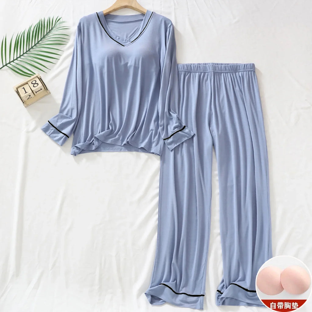 Plus Size Spring Pajamas Set Women's Long-sleeved Chest Pads T-Shirt Trousers Two-piece Suit Outerwear Loose Loungewear Homewear