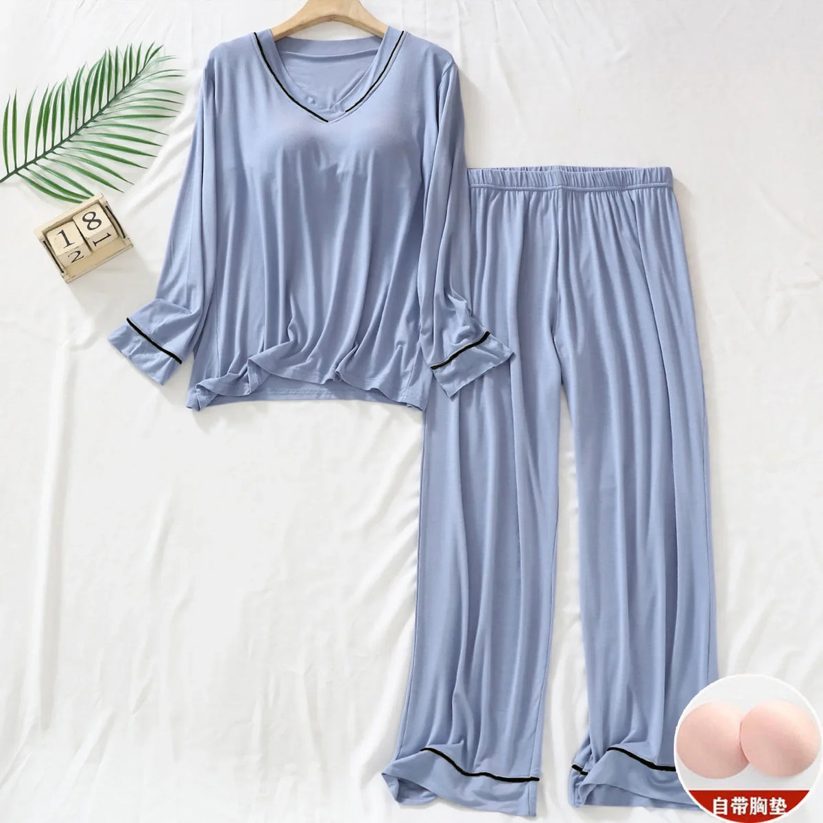 Plus Size Spring Pajamas Set Women's Long-sleeved Chest Pads T-Shirt Trousers Two-piece Suit Outerwear Loose Loungewear Homewear